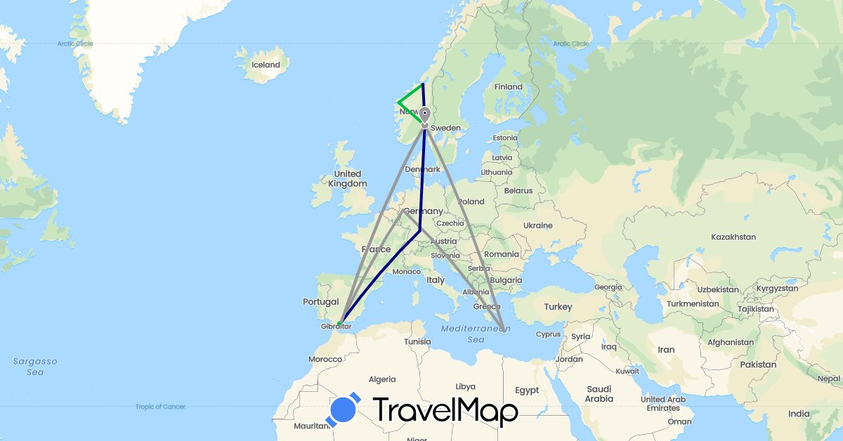 TravelMap itinerary: driving, bus, plane in Germany, Spain, Greece, Norway (Europe)